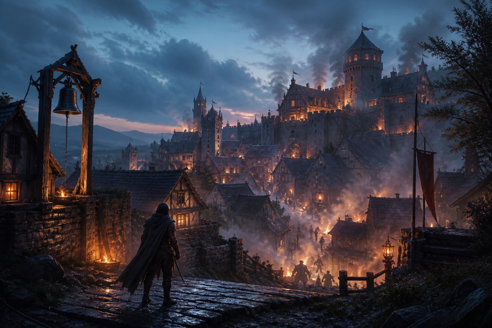 Uma cidade medieval em chamas enquanto uma aventureira observa a fortaleza